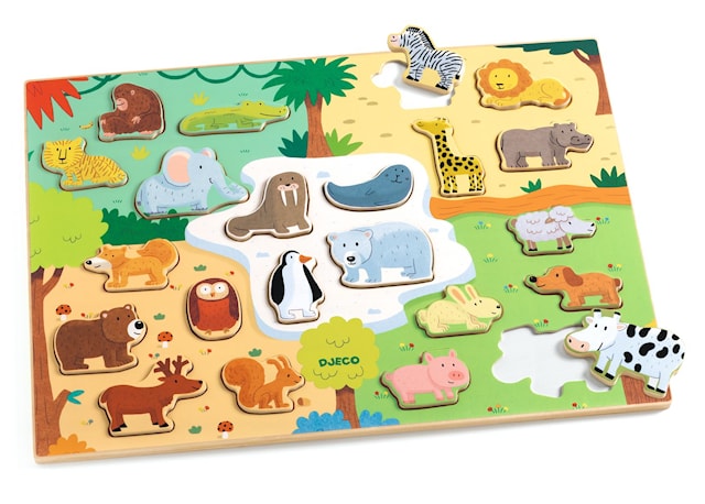 Produktbild 3 för Träpussel på Platta 22 Bitar med Motiv av Olika Djur, Djeco