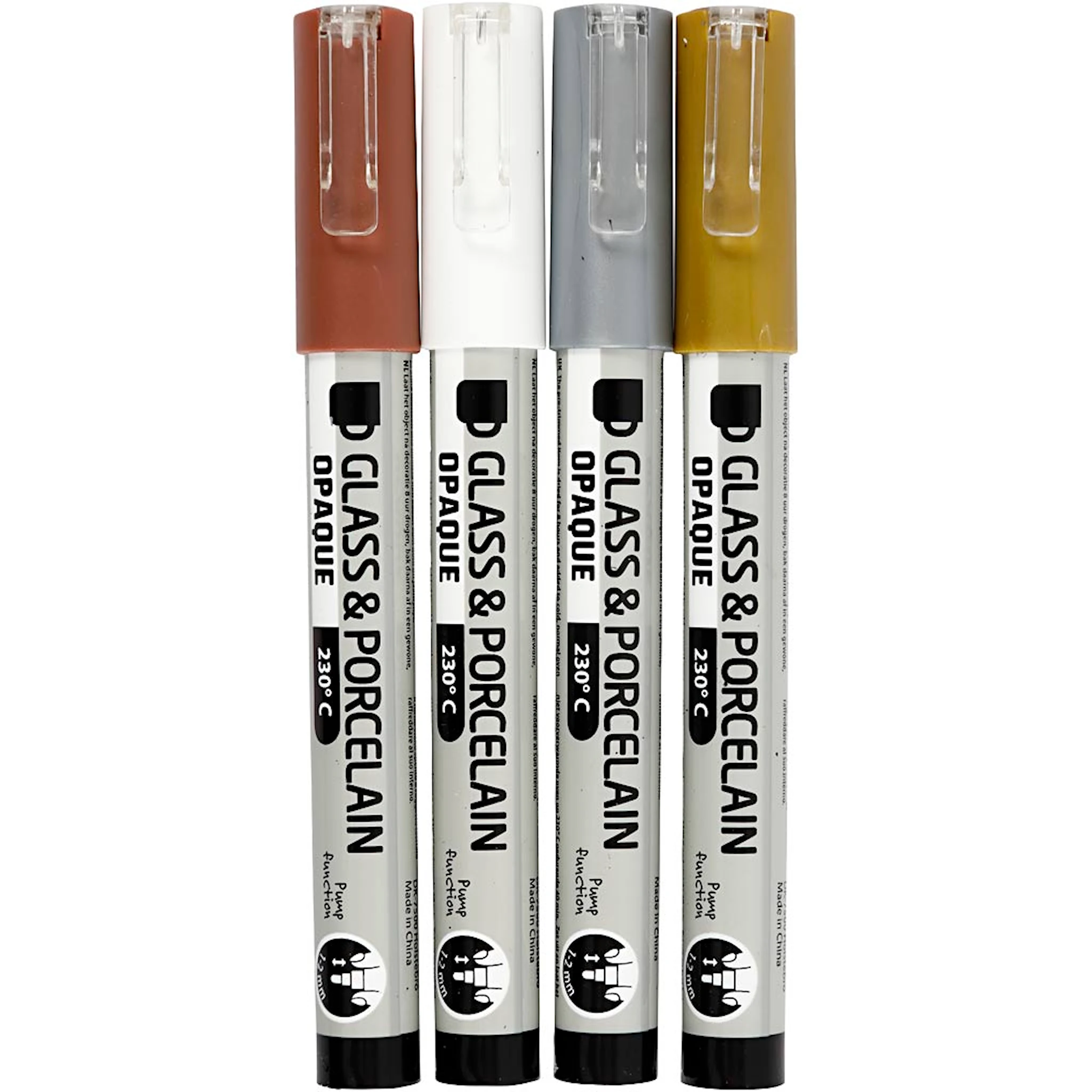 Produktbilde for Glass- og porselenstusj, strek 1-2 mm, semi opaque, brun, gull, sølv, hvit, 4 stk./ 1 pk.