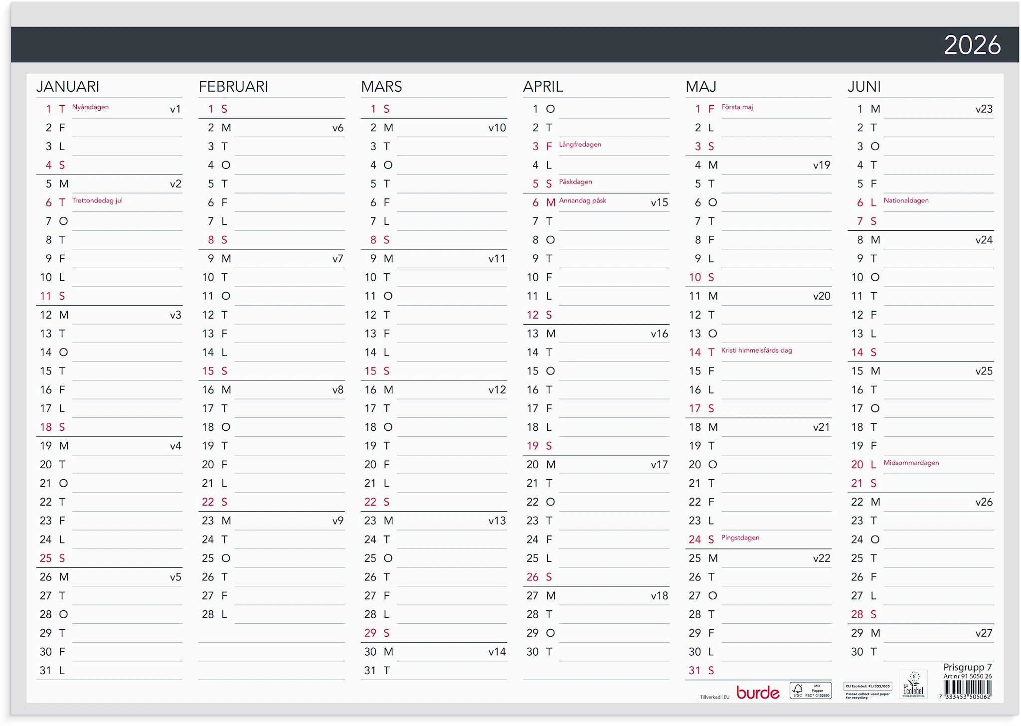 Tuotekuva ille Väggkalender 2026 A3 Väggblad Elegant Svart Burde