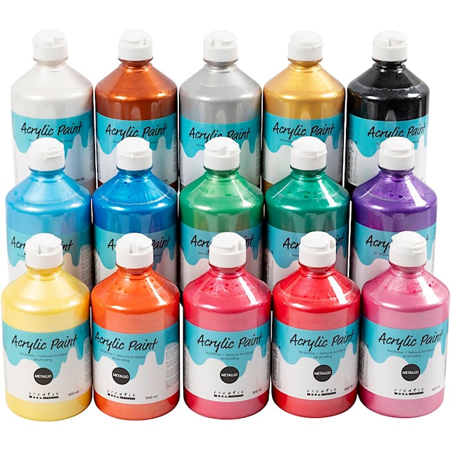 Tuotekuva 2 - Akryylimaali Metallic, metallinen, värilajitelma, 15x500 ml/ 1 pkt