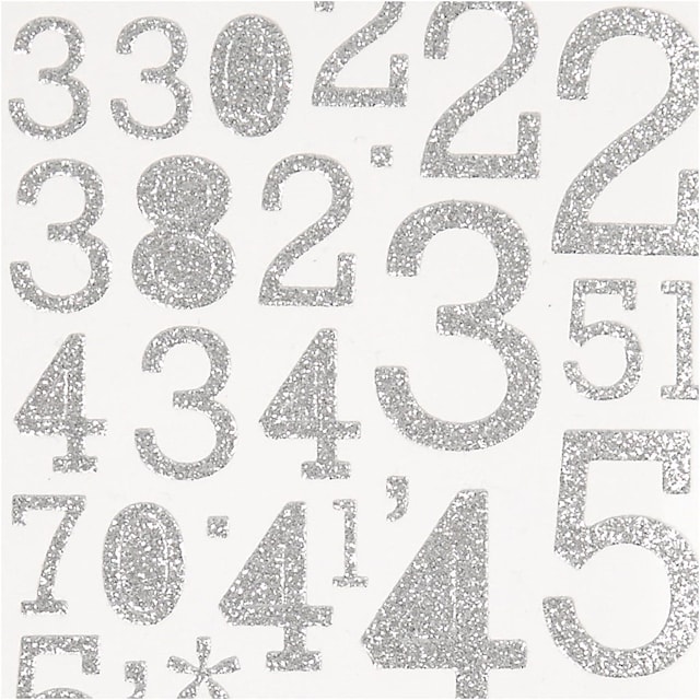 Tuotekuva 3 - Kimalletarrat, numerot, arkki 10x24 cm, hopea, 2 ark/ 1 pkt