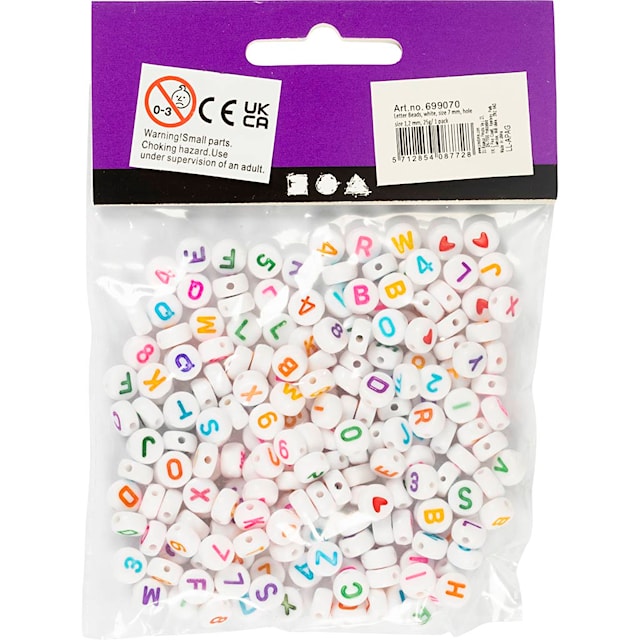 Produktbilde 4 for Bokstavperler, str. 7 mm, hullstr. 1,2 mm, ca. 200 stk., hvit, 25 g/ 1 pk.