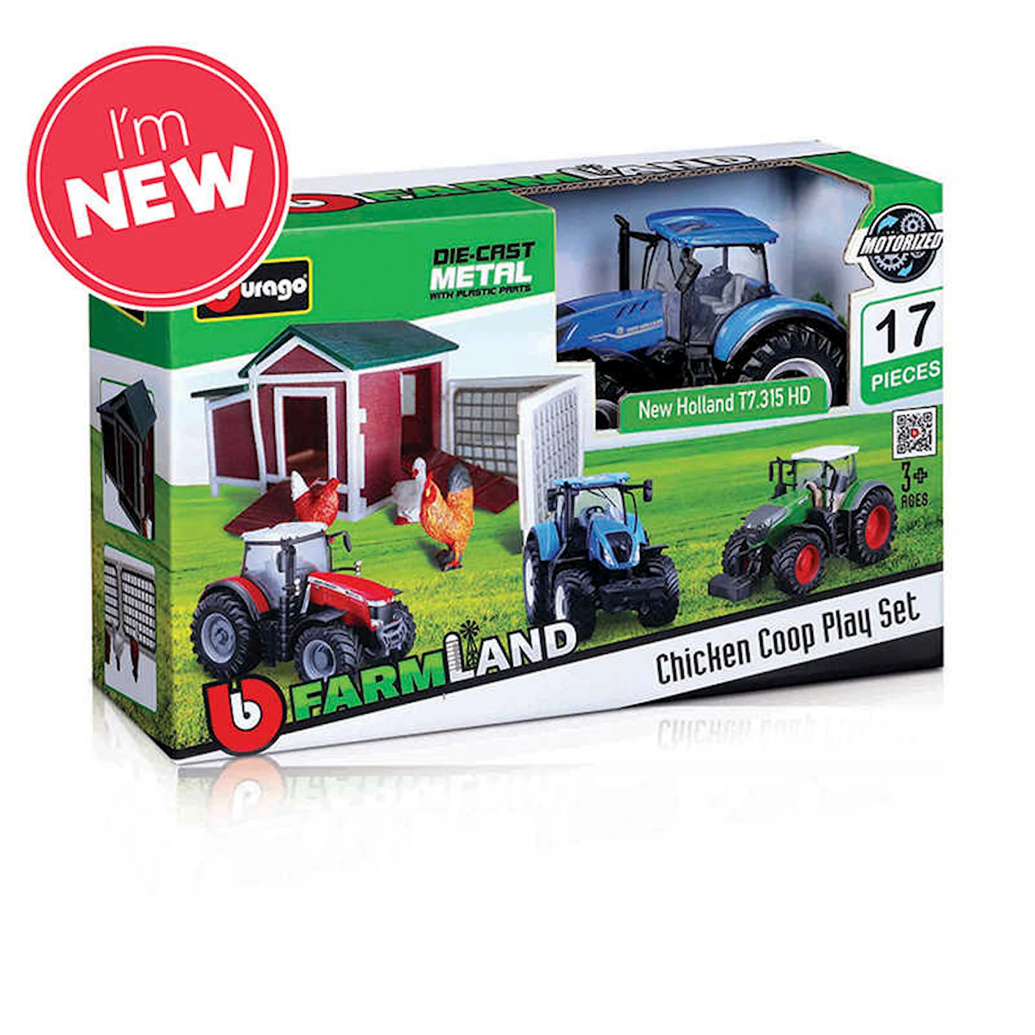 Produktbilde for Farmland Chicken Coop Med New Holland Traktor Lekesett 1:43 Bburago