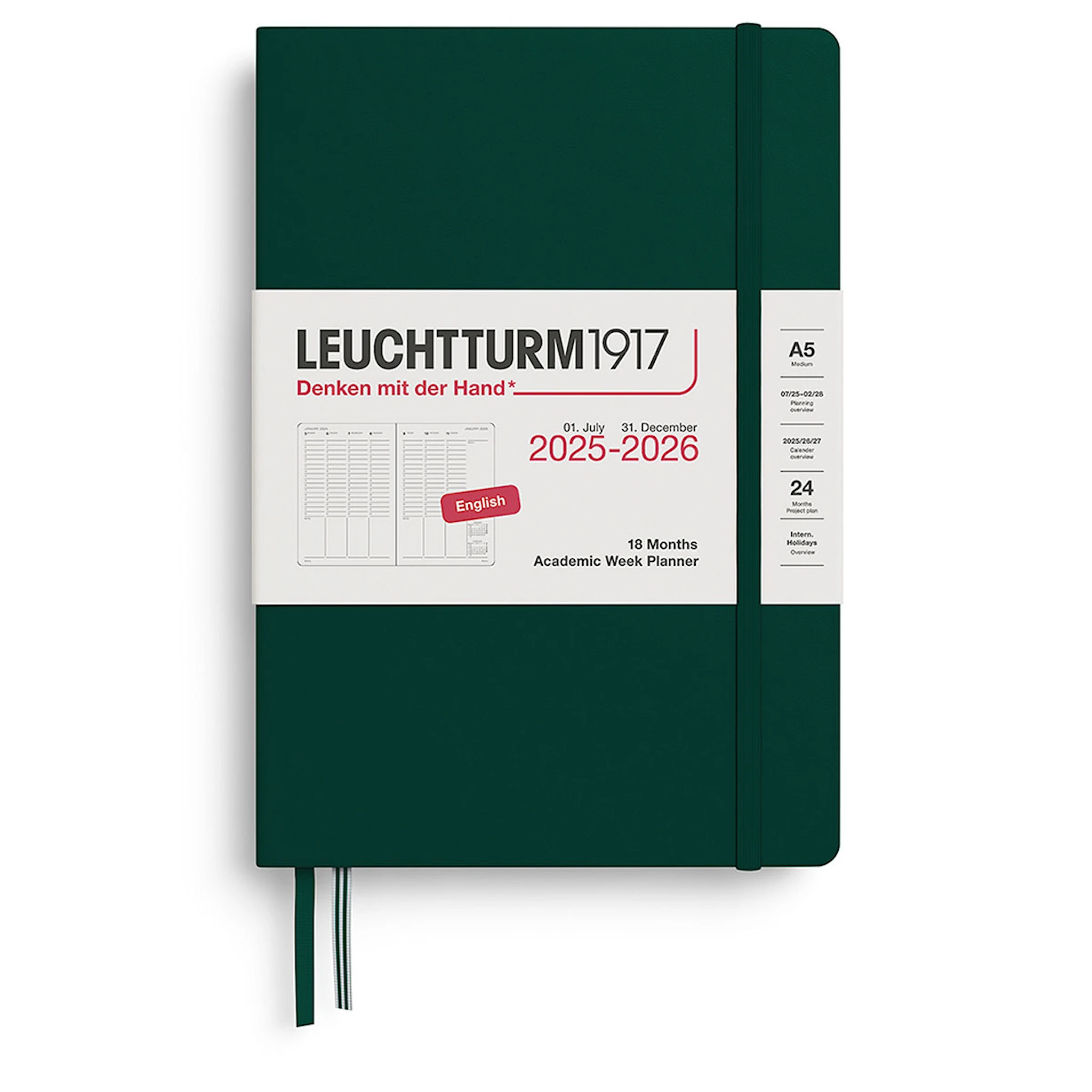 Tuotekuva ille Kalenteri A5 18kk 25–26 Viikkosuunnittelija Forest Green Leuchtturm1917