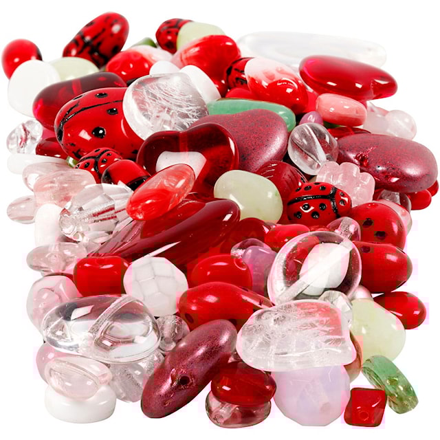 Produktbilde 3 for Glassperler, mariehøner, blad, hjerter, dia. 5-22 mm, hullstr. 0,5-1,5 mm, ass. farger, 350 g/ 1 pk.