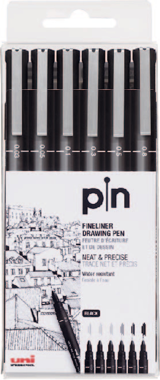 Fineliner Uni Pin 200 Svart 6-p, Uni-Ball