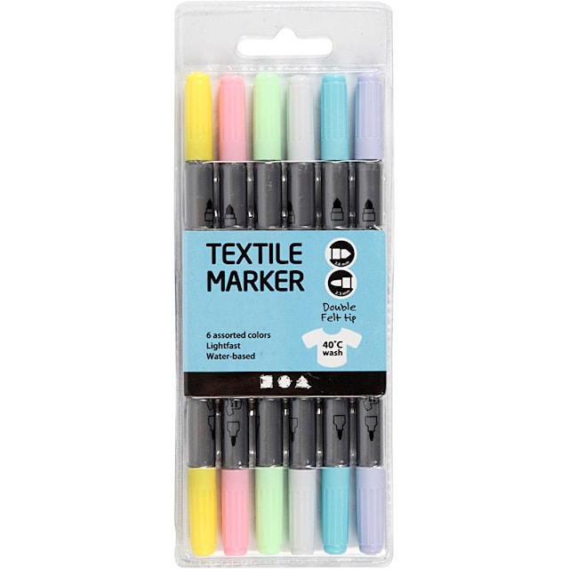 Produktbilde 3 for Tekstiltusjer, strek 2,3+3,6 mm, pastellfarger, 6 stk./ 1 pk.