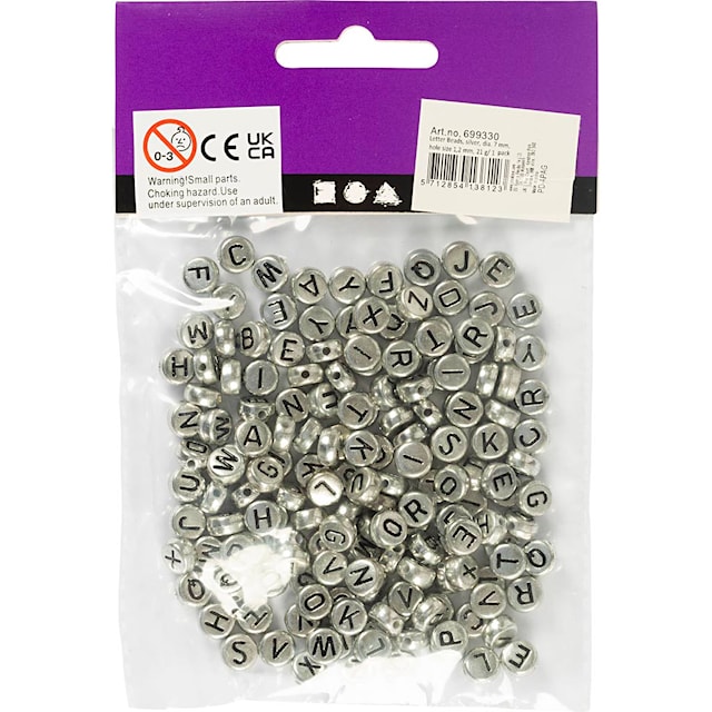 Produktbilde 3 for Bokstavperler, dia. 7 mm, hullstr. 1,2 mm, ca. 200 stk., sølv, 21 g/ 1 pk.