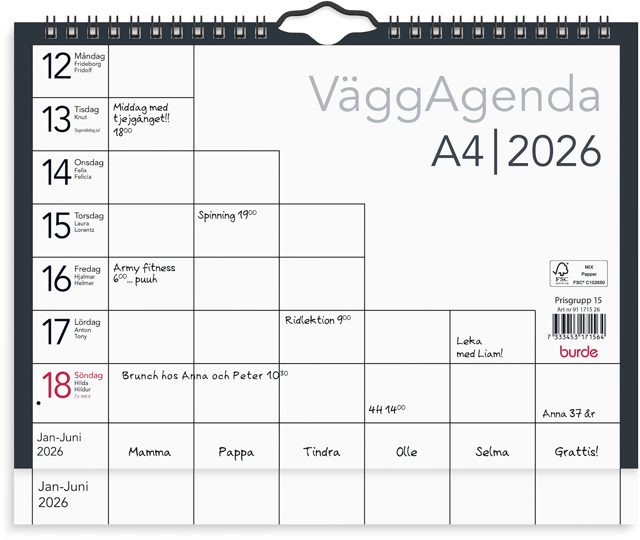 Produktbilde for Väggkalender 2026 A4 Väggagenda Burde
