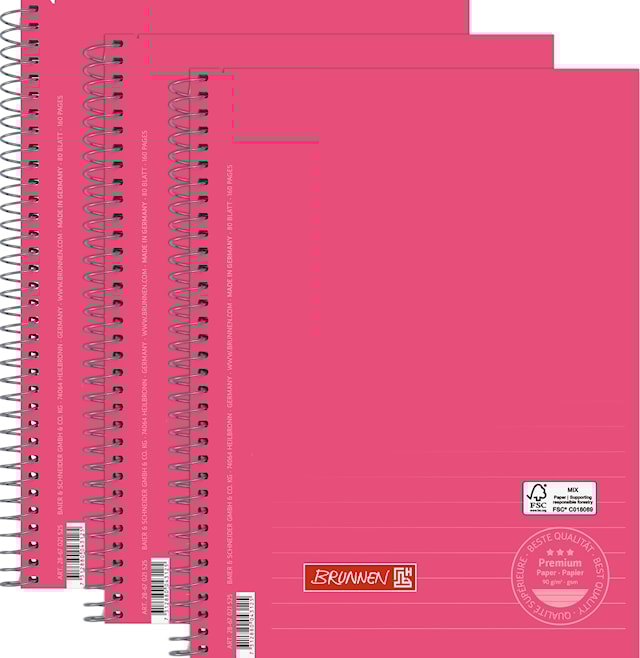 Kollegieblock A5 Linjerat 3-pack 90g/80 Blad, Rosa