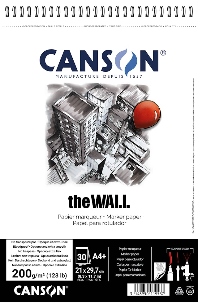 Produktbild 1 för Marker papper A4+ block 30 ark 220g Canson The Wall