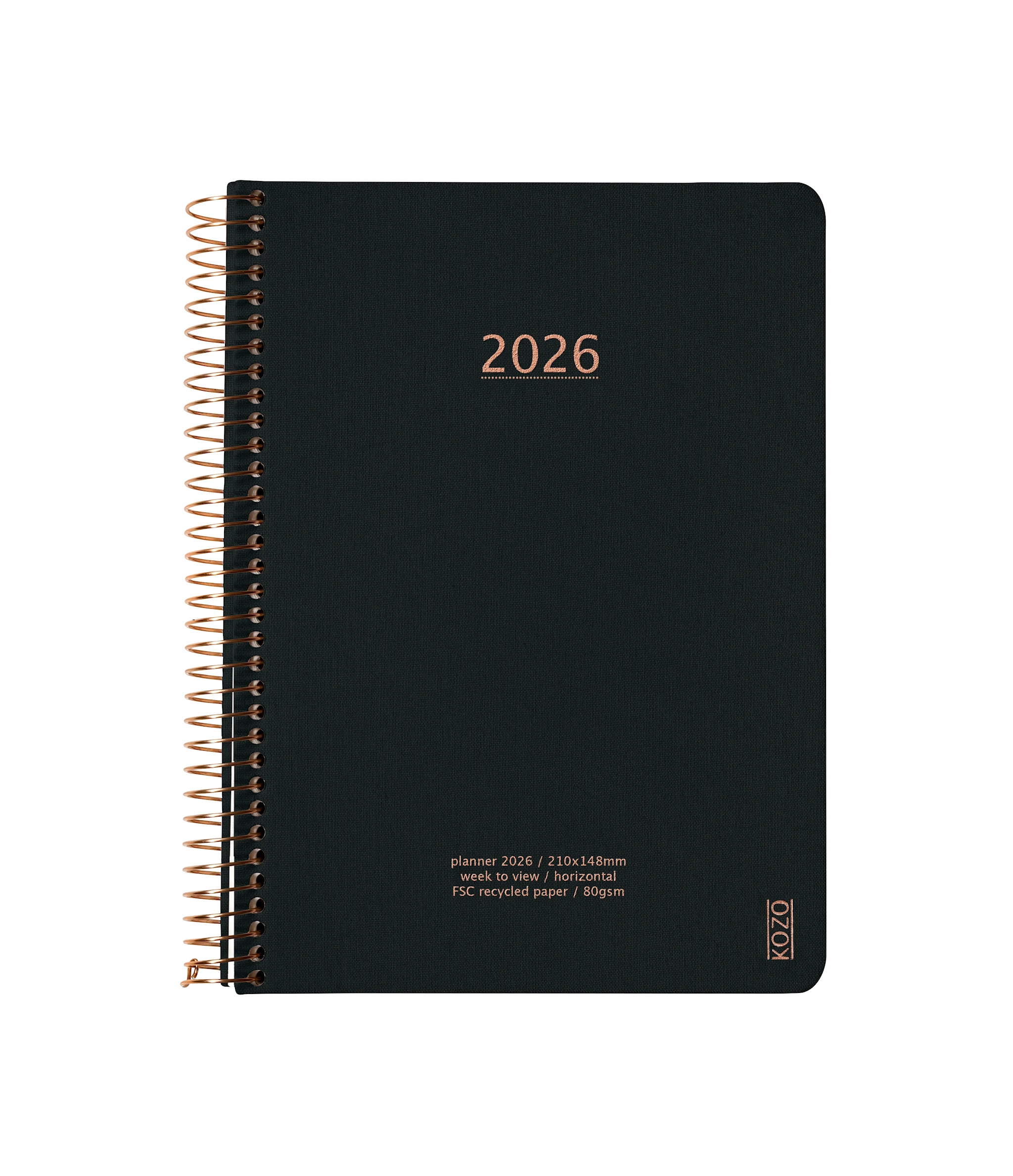 Produktbild för Kalender A5 2026 Vecka Per Uppslag Black KOZO