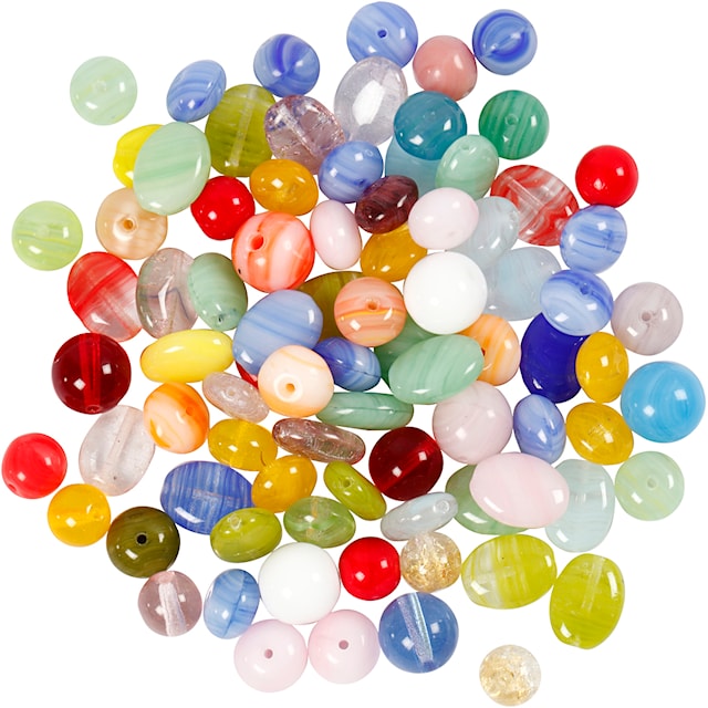Produktbild 2 för Glaspärlor, rund, oval, rund/platt, Dia. 6-13 mm, Hålstl. 0,5-1,5 mm, mixade färger, 60 g/ 1 förp.