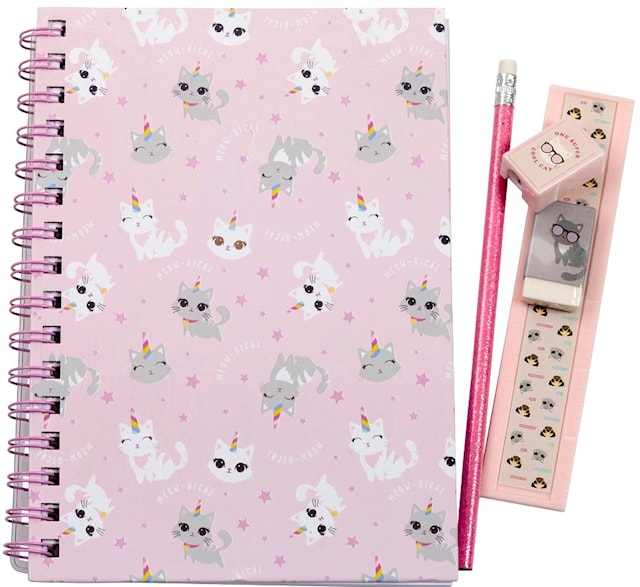 Produktbild 1 för Anteckningsbok Cute Cat med penna, suddigumm vässare och linjal 5 delar