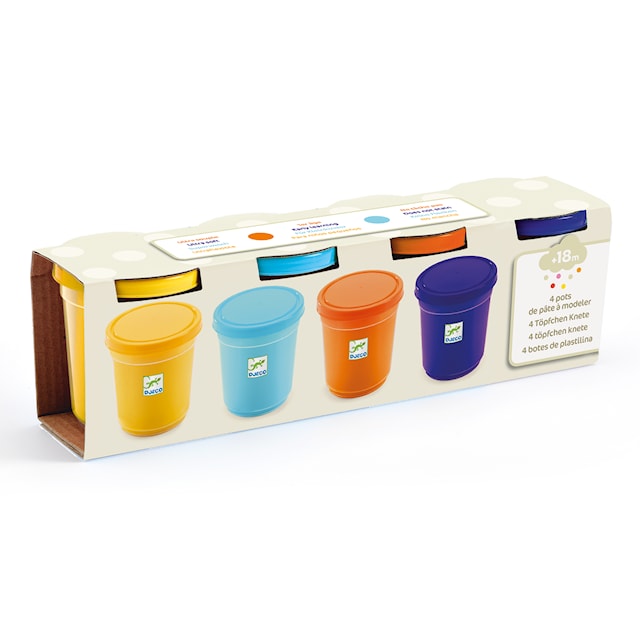 Tuotekuva 2 - Savi Extra Pehmeä 4 Purkkia Keltainen Vaaleansininen Violetti Oranssi Djeco