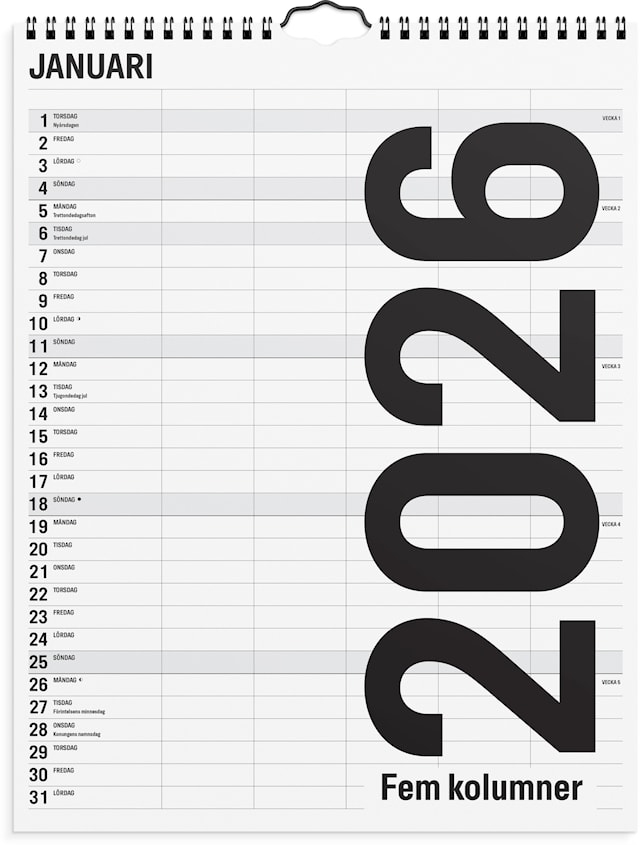 Tuotekuva 1 - Familjekalender 2026 Black & White 5 kolumner 295x390 mm Burde
