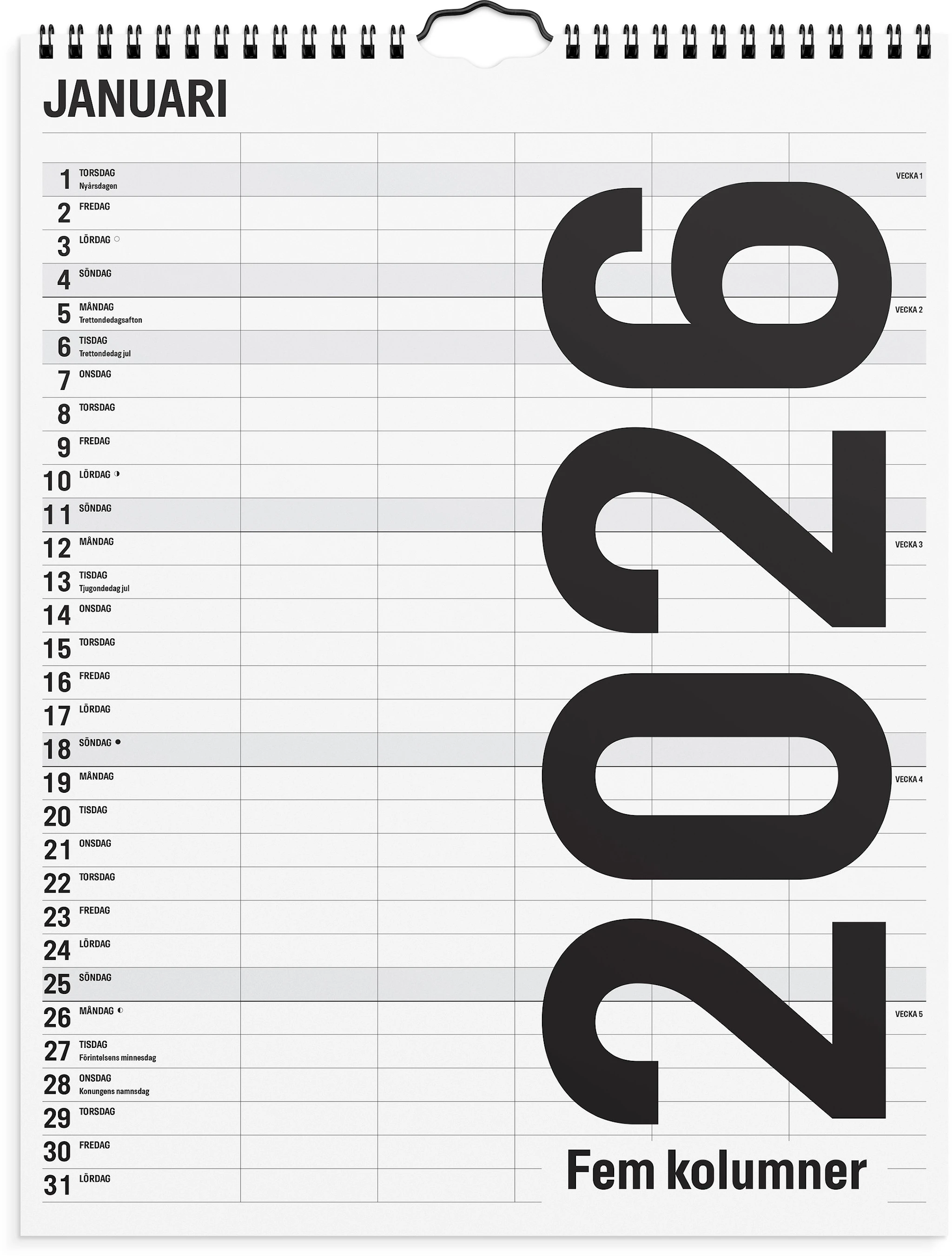 Tuotekuva ille Familjekalender 2026 Black & White 5 kolumner 295x390 mm Burde