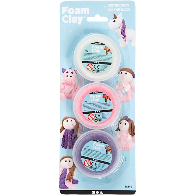 Tuotekuva 2 - Foam Clay® Helmimassa, kimalle,metallinen, pinkki, violetti, valkoinen, 3x14 g/ 1 pkt