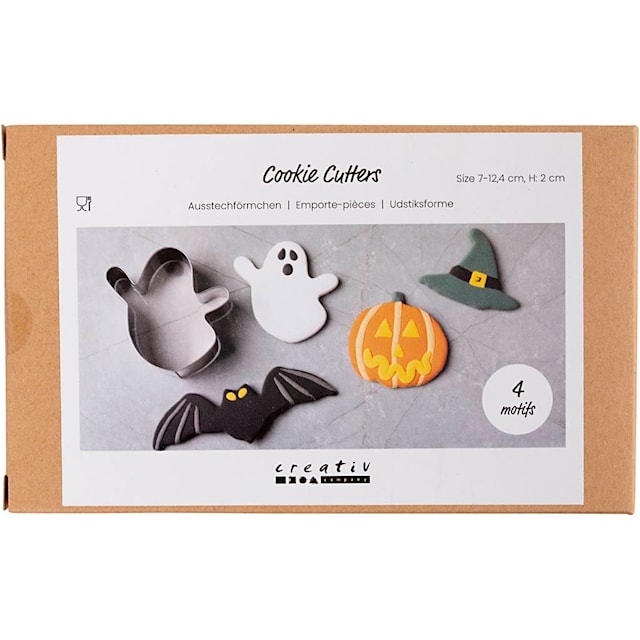 Tuotekuva 2 - Metallimuotit, Kummitus, kurpitsa, noidan hattu, lepakko, Kork. 2 cm, koko 7-12,4 cm, 4 kpl/ 1 pkt