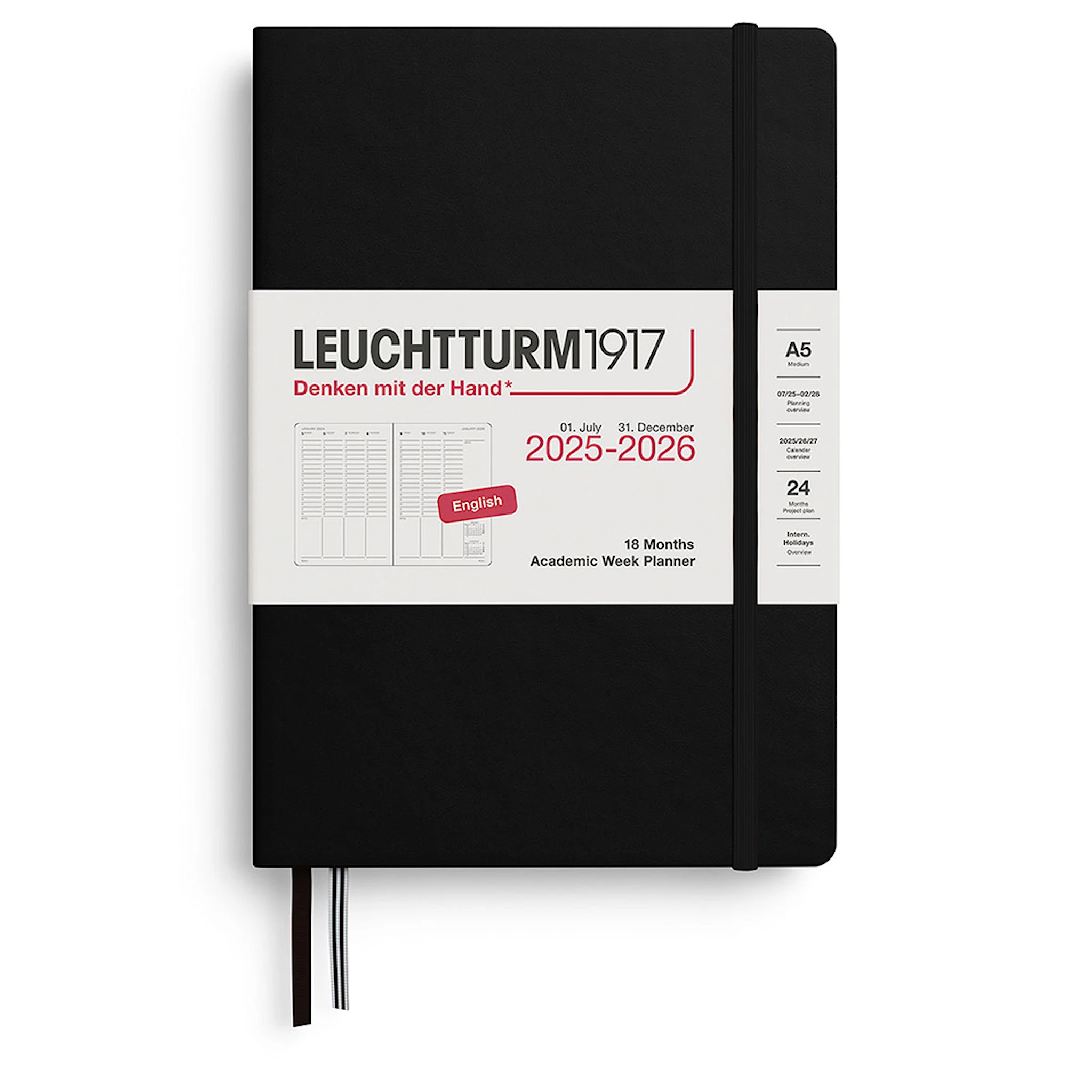 Tuotekuva ille Kalenteri A5 18kk 25–26 Viikkosuunnittelija Musta Leuchtturm1917