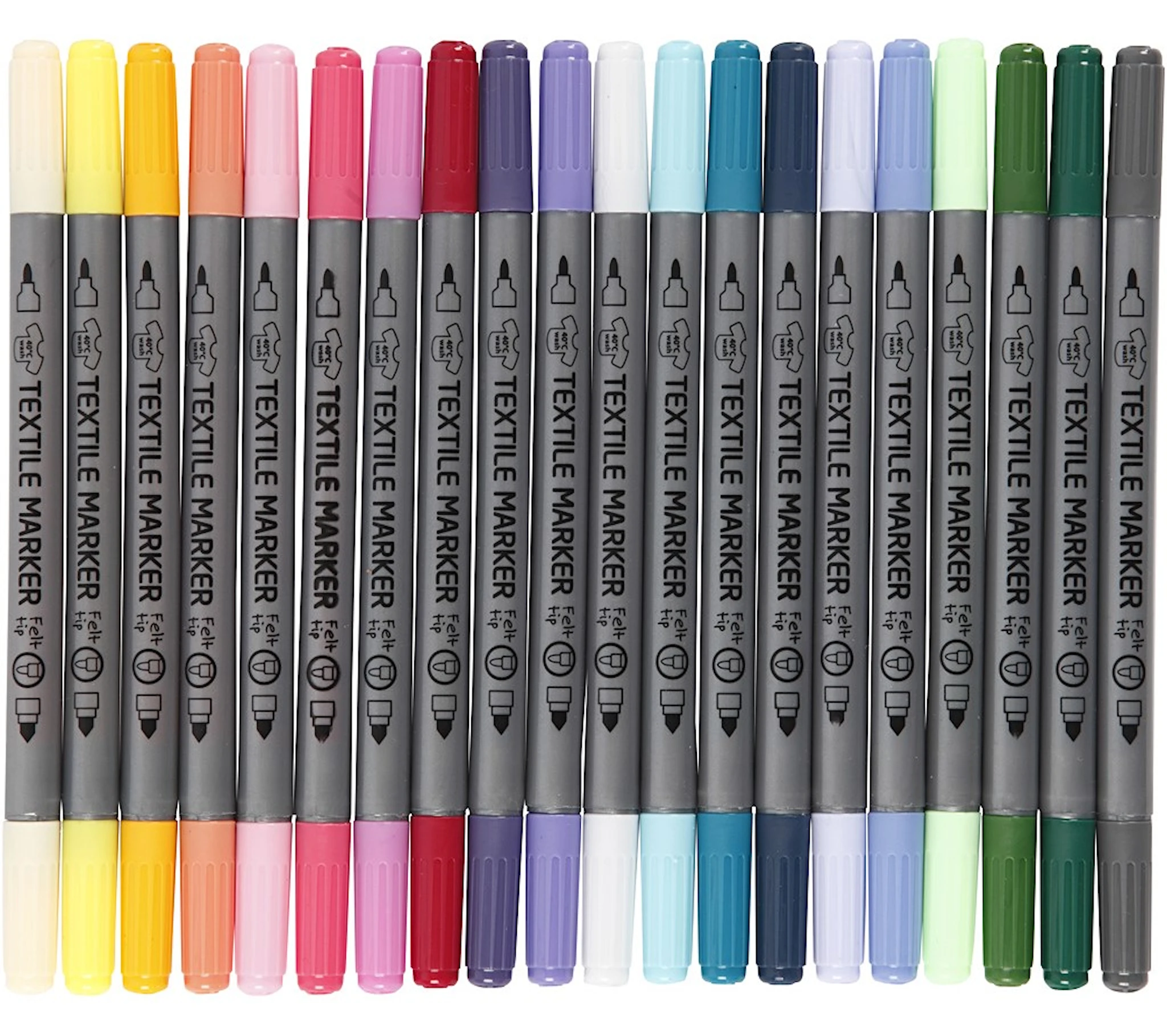 Tuotekuva ille Tekstiilitussit, paksuus 2,3+3,6 mm, lisävärit, 20 kpl/ 1 pkt