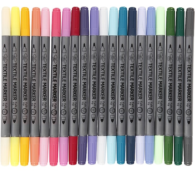 Produktbild 1 för Textilpennor Dubbelspets Pasteller 2,3+3,6 mm 20 Färger