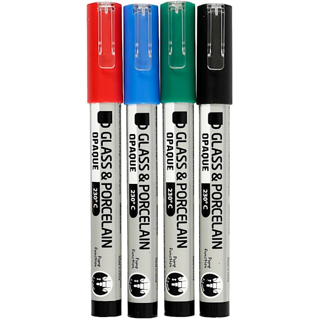 Produktbilde 1 for Glass- og porselenstusj, strek 1-2 mm, semi opaque, svart, blå, grønn, rød, 4 stk./ 1 pk.