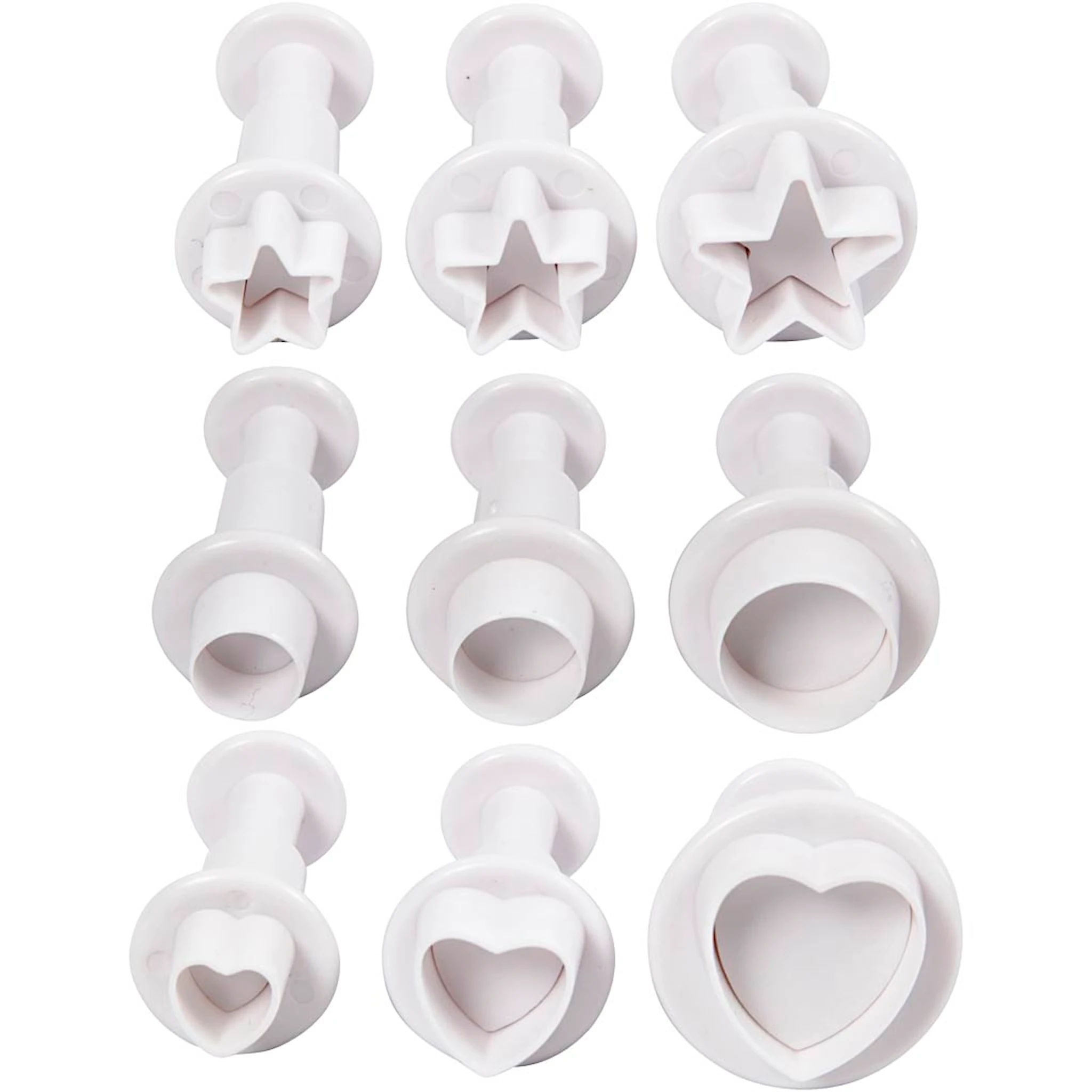 Tuotekuva ille Muovailumuotit leimasimella, tähti, ympyrä, sydän, halk. 1,1-3, valkoinen, 9 kpl/ 1 pkt