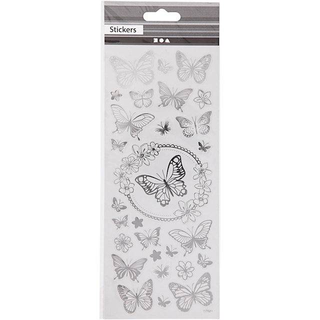 Tuotekuva 3 - Tarrat, perhoset, arkki 10x24 cm, ca. 28 kpl, hopea, 1 ark