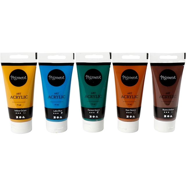 Produktbild 2 för Akrylfärg, naturfärger, halvblank, mixade färger, 5x75 ml/ 1 förp.