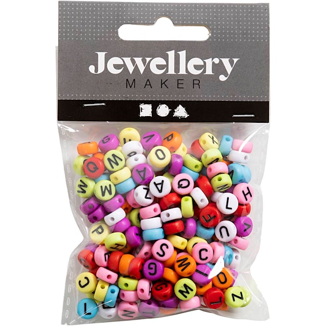 Tuotekuva 2 - Kirjainhelmet, halk. 7 mm, aukon koko 1-2 mm, ca. 200 kpl, värilajitelma, 25 g/ 1 pkt