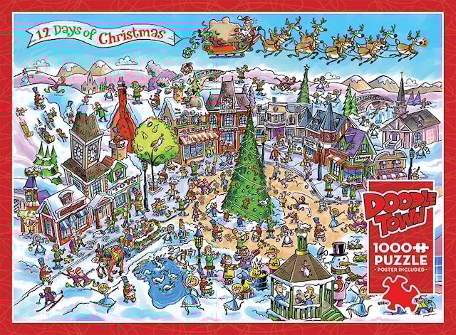 Produktbild 1 för Pussel Random Cut - DoodleTown: 12 Days of Christmas 1000 bitar, Cobble Hill