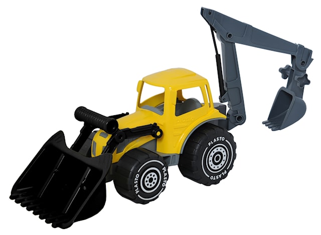 Traktor med frontlaster og gravemaskin, lengde 70 cm. Farge gul - svart.