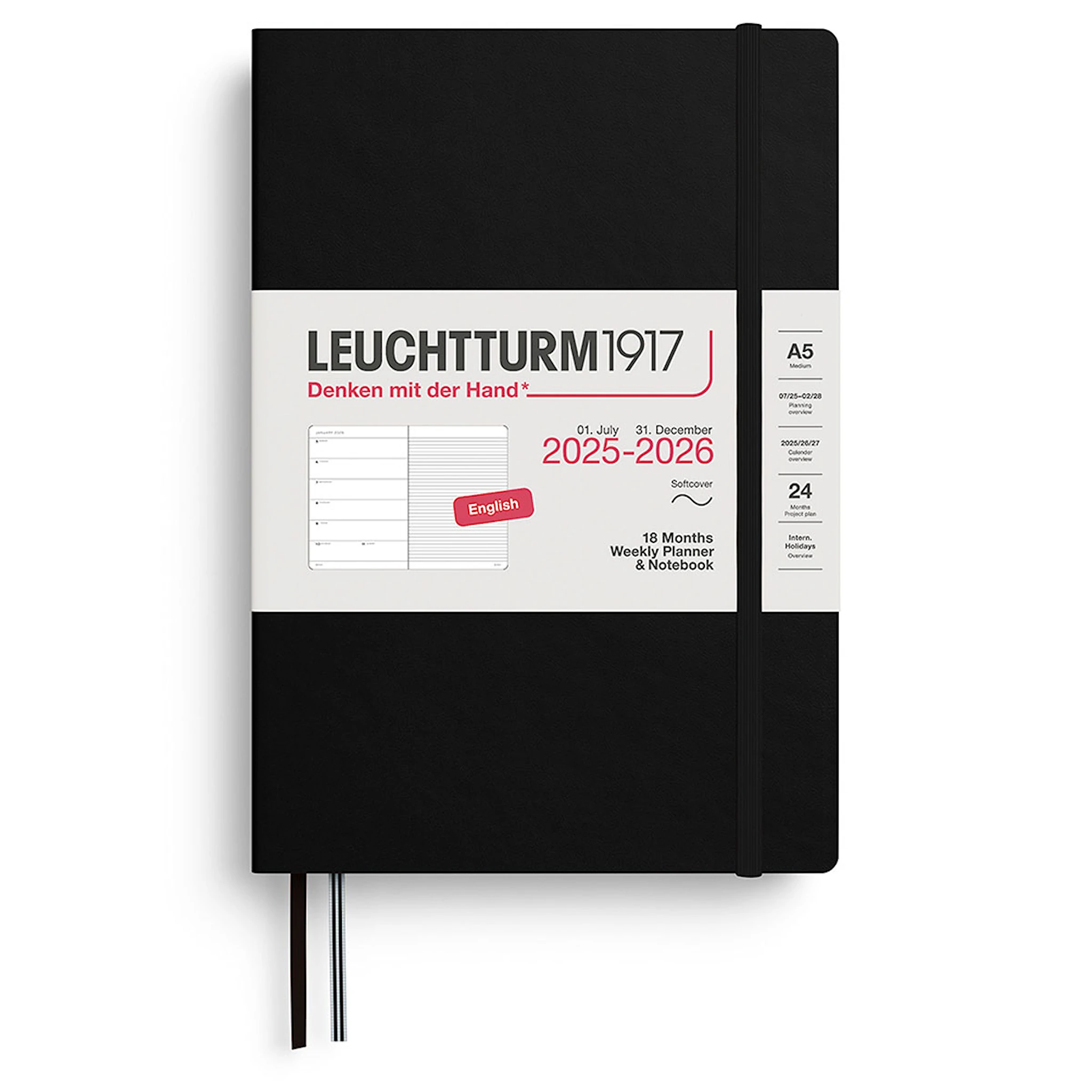 Tuotekuva ille Kalenteri A5 18kk 25–26 Viikkosuunnittelija/Muistikirja Soft Black Leuchtturm1917