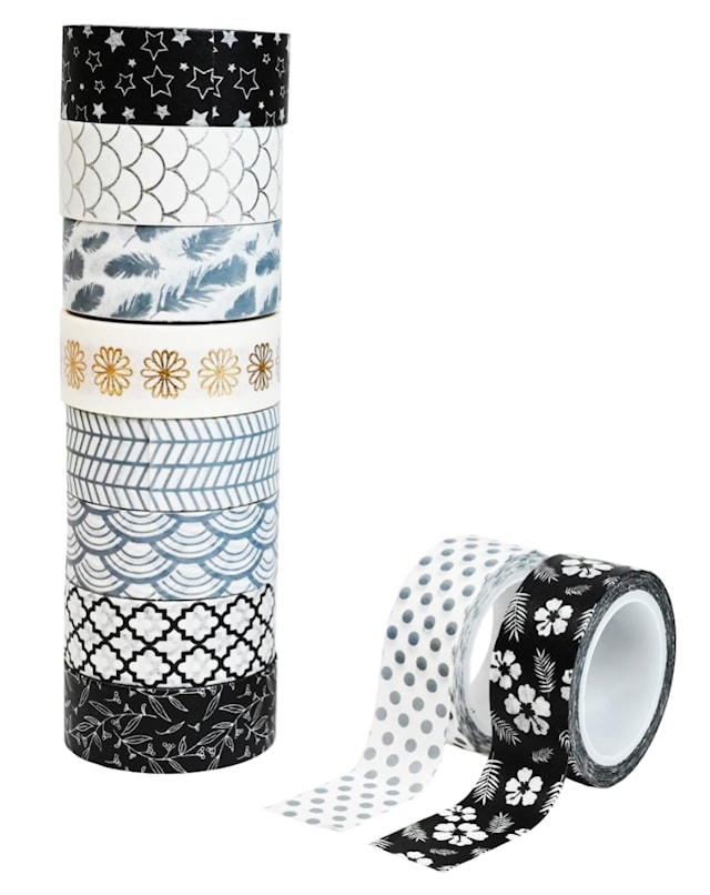 Produktbilde 1 for Washi-teip 10-pakning i svart, hvit og metall Sense
