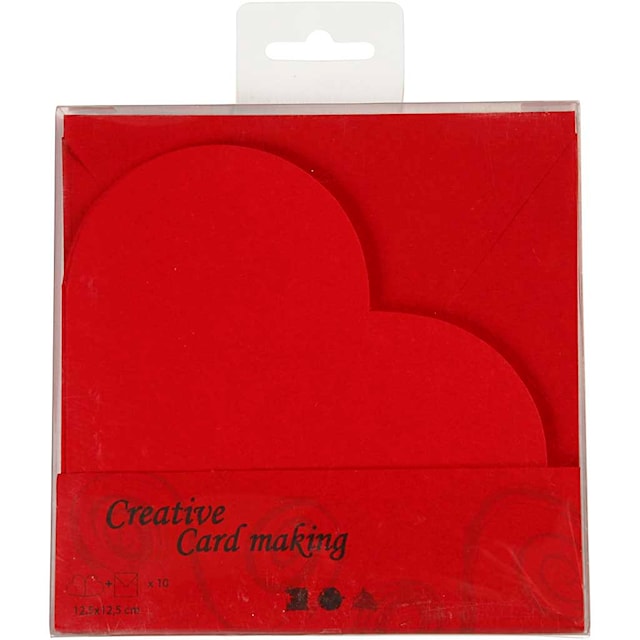 Produktbilde 2 for Hjertekort, kort str. 12,5x12,5 cm, konvolutt str. 13,5x13,5 cm, rød, 10 sett/ 1 pk.