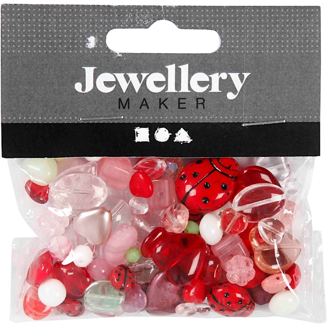 Produktbilde 2 for Glassperler, marihøner, blad, hjerter, str. 5-22 mm, hullstr. 0,5-1,5 mm, ass. farger, 60 g/ 1 pk.