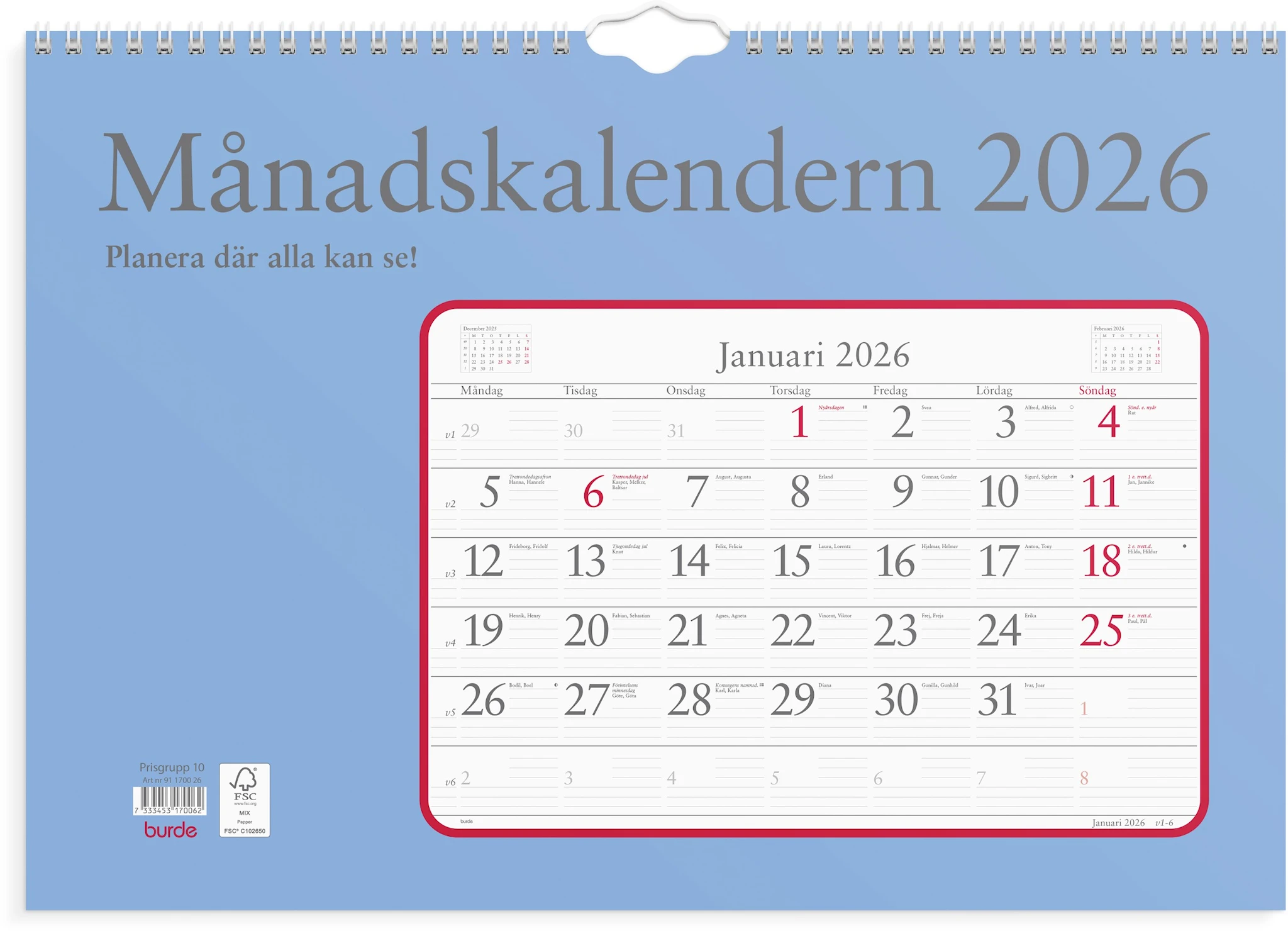 Produktbild för Väggkalender 2026 Månadskalendern 430x300 mm Burde