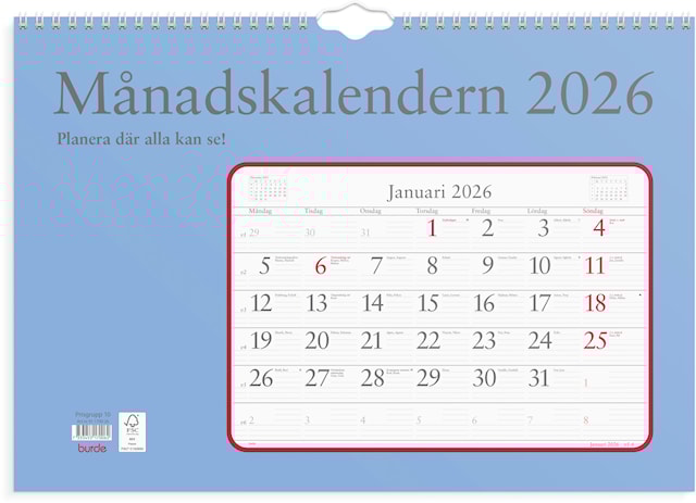 Produktbilde 1 for Väggkalender 2026 Månadskalendern 430x300 mm Burde