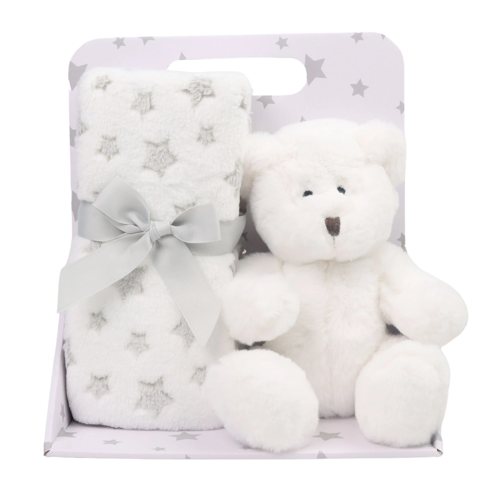 Produktbild för Fleecefilt Grå Stjärna & Gosedjur Vit Nalle Carlo Baby