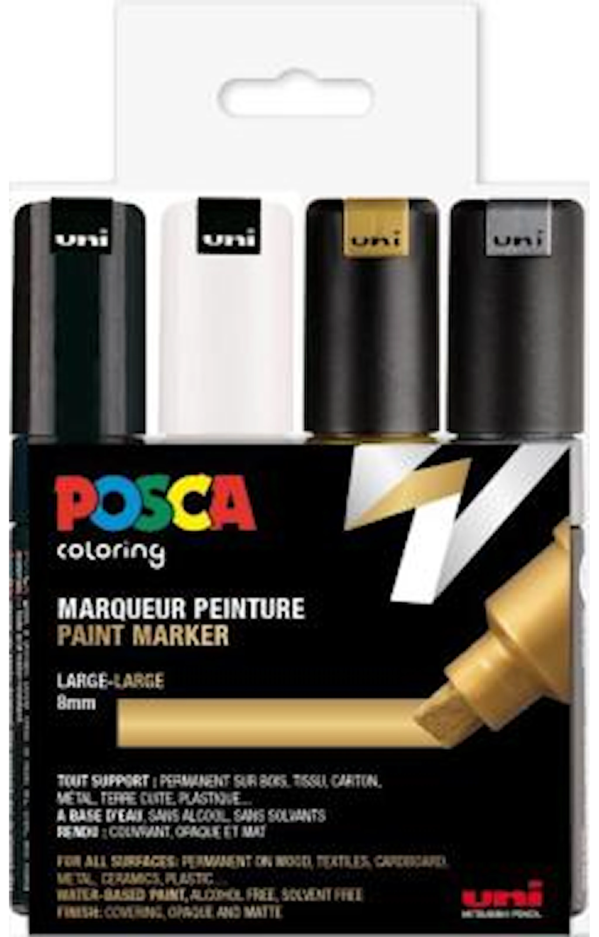 Produktbilde for Posca Marker Set 4-p Svart Hvitt Gull Sølv PC-8K Spiss 8 mm