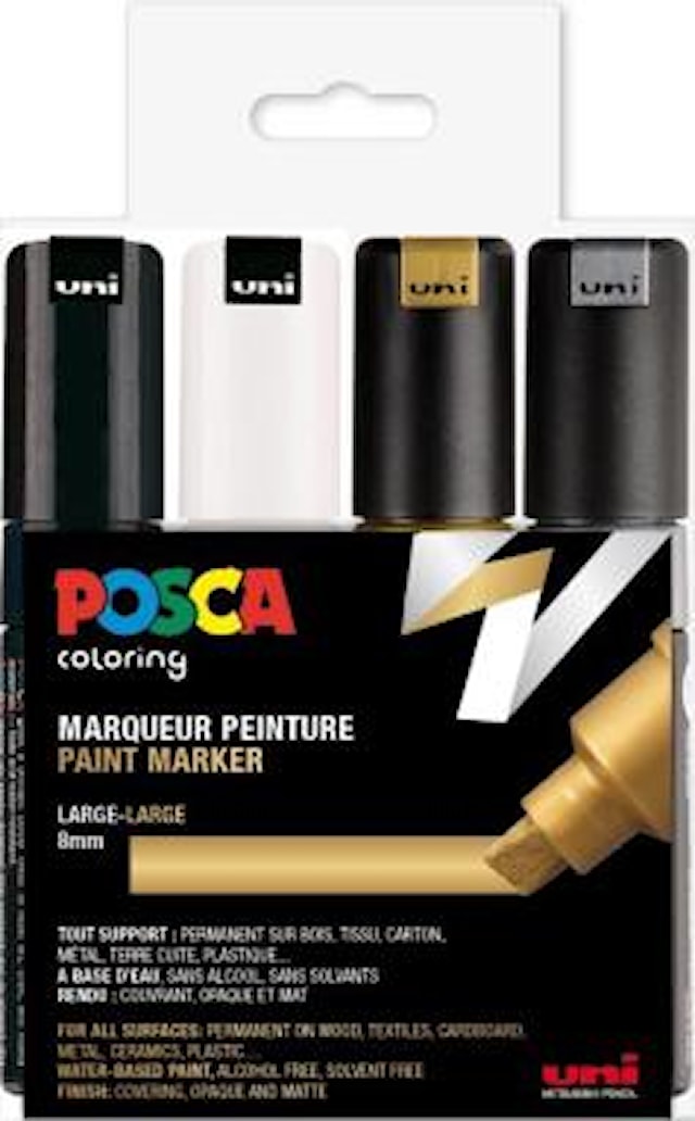 Posca Marker Set 4-p Svart Hvitt Gull Sølv PC-8K Spiss 8 mm