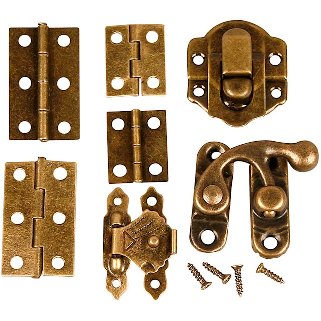 Tuotekuva 1 - Lukot ja saranat, antiikkikullan väris, koko 16x19-21,5x31 mm, 15 set/ 1 pkk