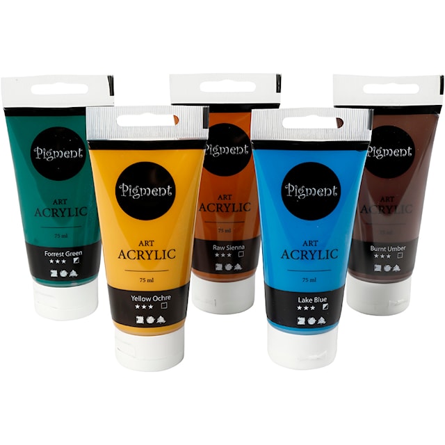 Produktbilde 1 for Akrylmaling, naturfarger, halvblank, ass. farger, 5x75 ml/ 1 pk.