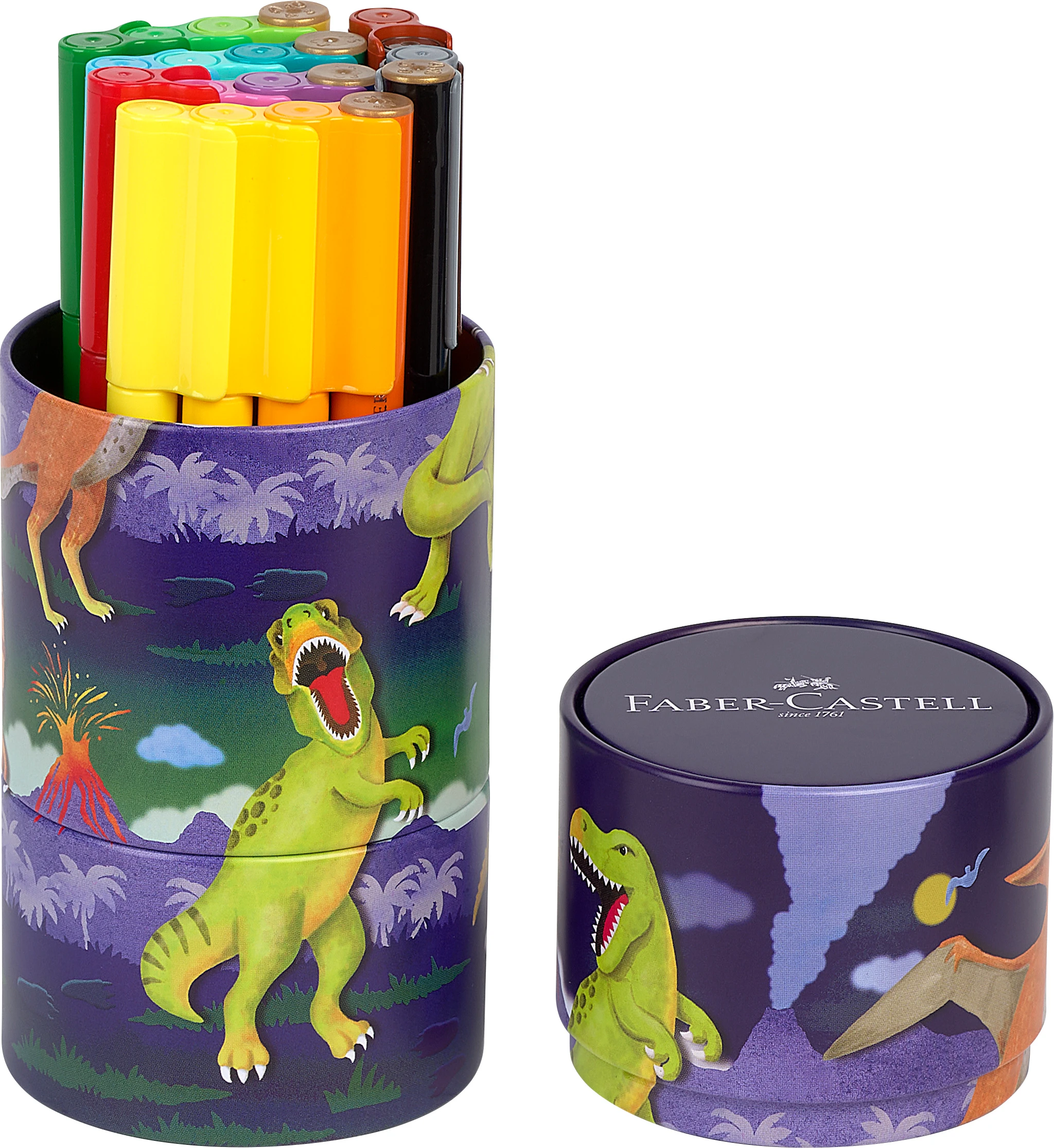 Produktbilde for Tusjpenner Connector Dinosaur i metallboks 20-pakk Faber-Castell