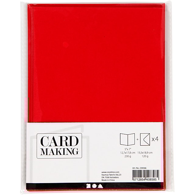 Produktbilde 2 for Kort og konvolutter, kort str. 12,7x17,8 cm, konvolutt str. 13,3x18,5 cm, 230 g, rød, 4 sett/ 1 pk.