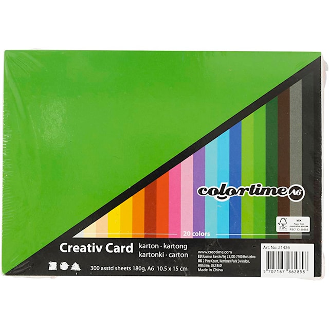 Produktbilde 1 for Creativ Kartong, A6, ark 105x148 mm, 180 g, ass. farger, 300 ass. ark/ 1 pk.