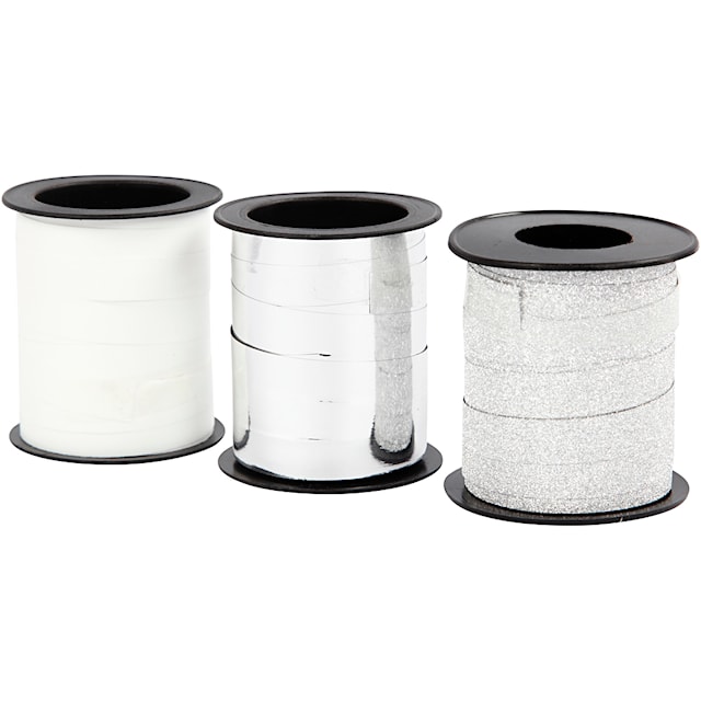 Produktbild 2 för Presentsnören, B: 10 mm, silver, silverglitter, vit, 3x15 m/ 1 förp.