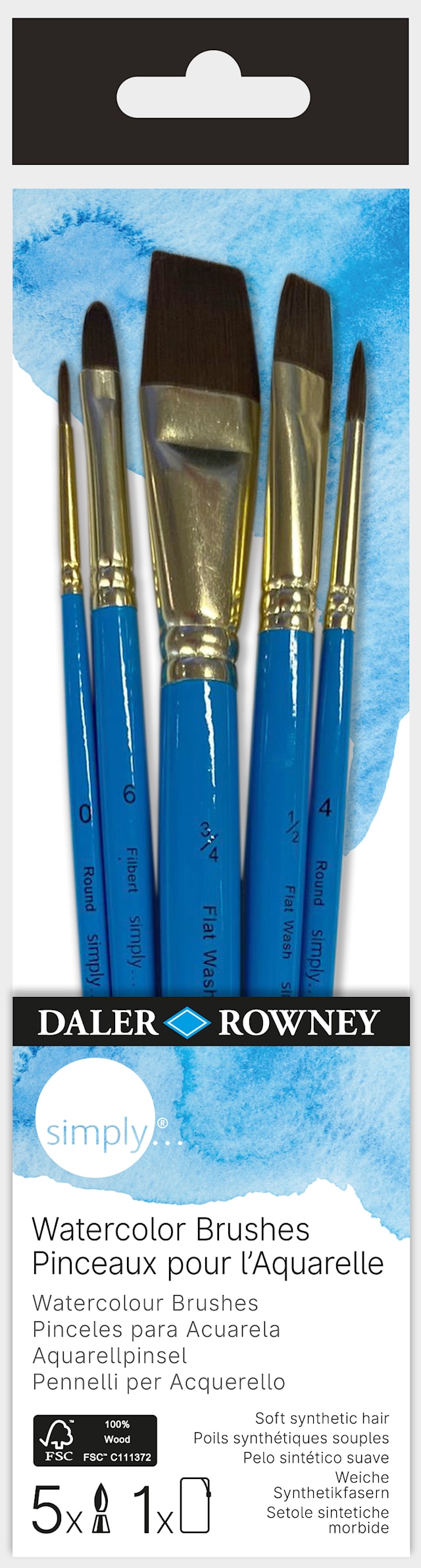 Simply Akvarellpenselsett 5 stk Kortskaftede Pensler Daler-Rowney