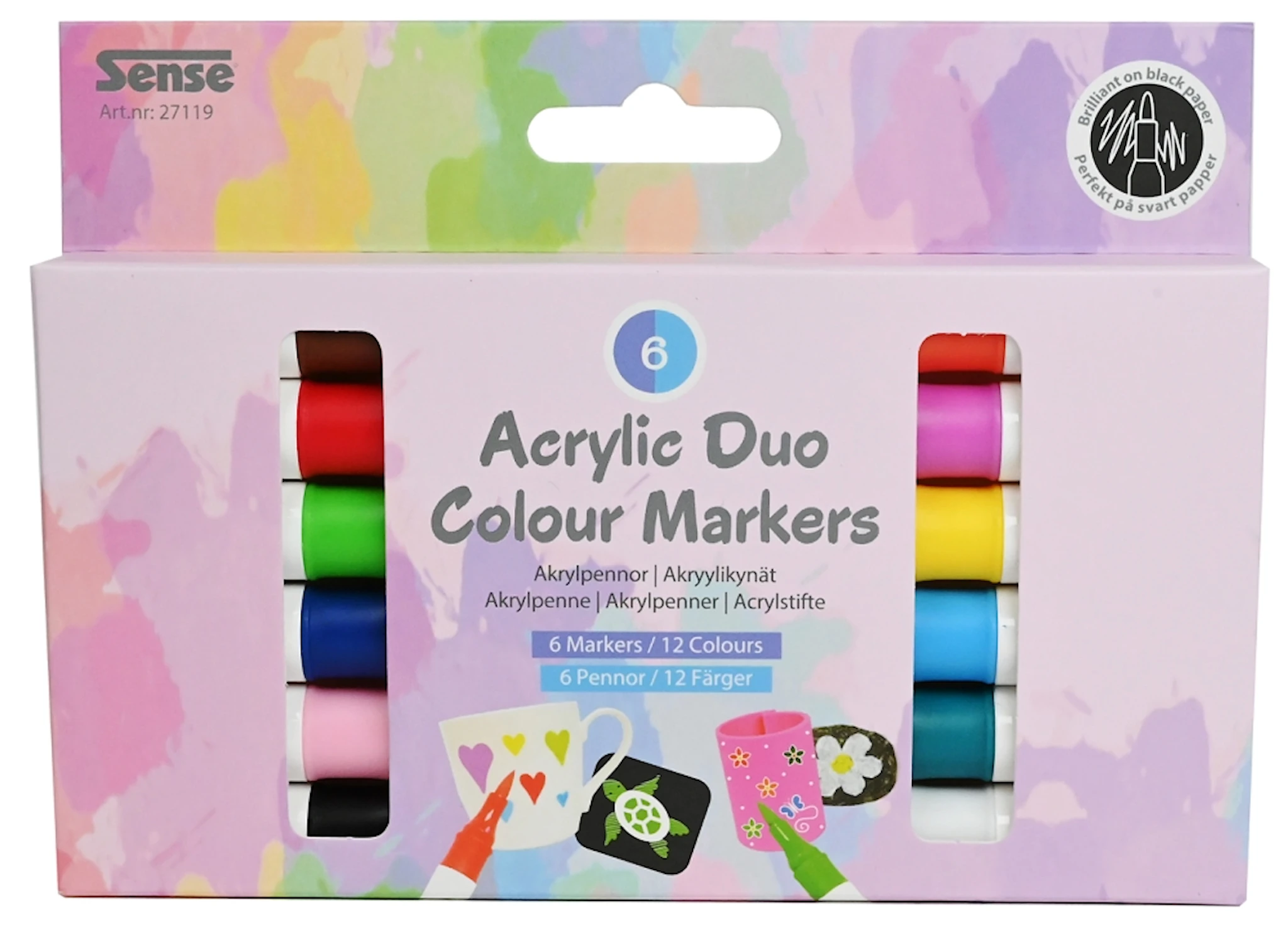 Produktbild för Akrylpennor Dubbelspets 12 färger 6-pack Sense